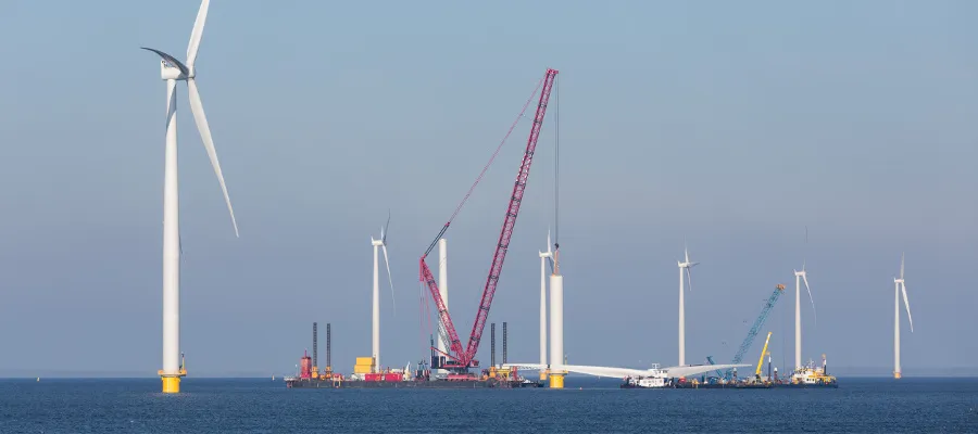 An offshore wind farm being constructed.